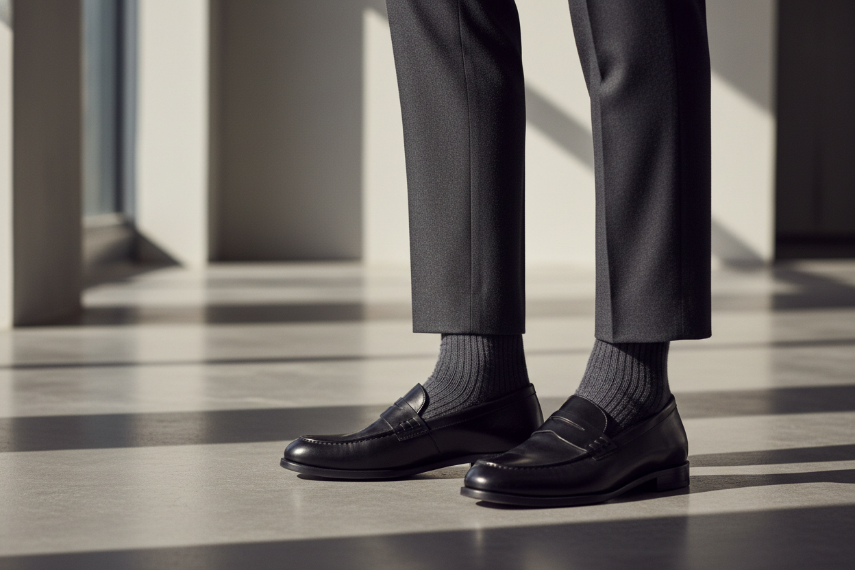 Grå ribbstickade strumpor till svarta penny loafers